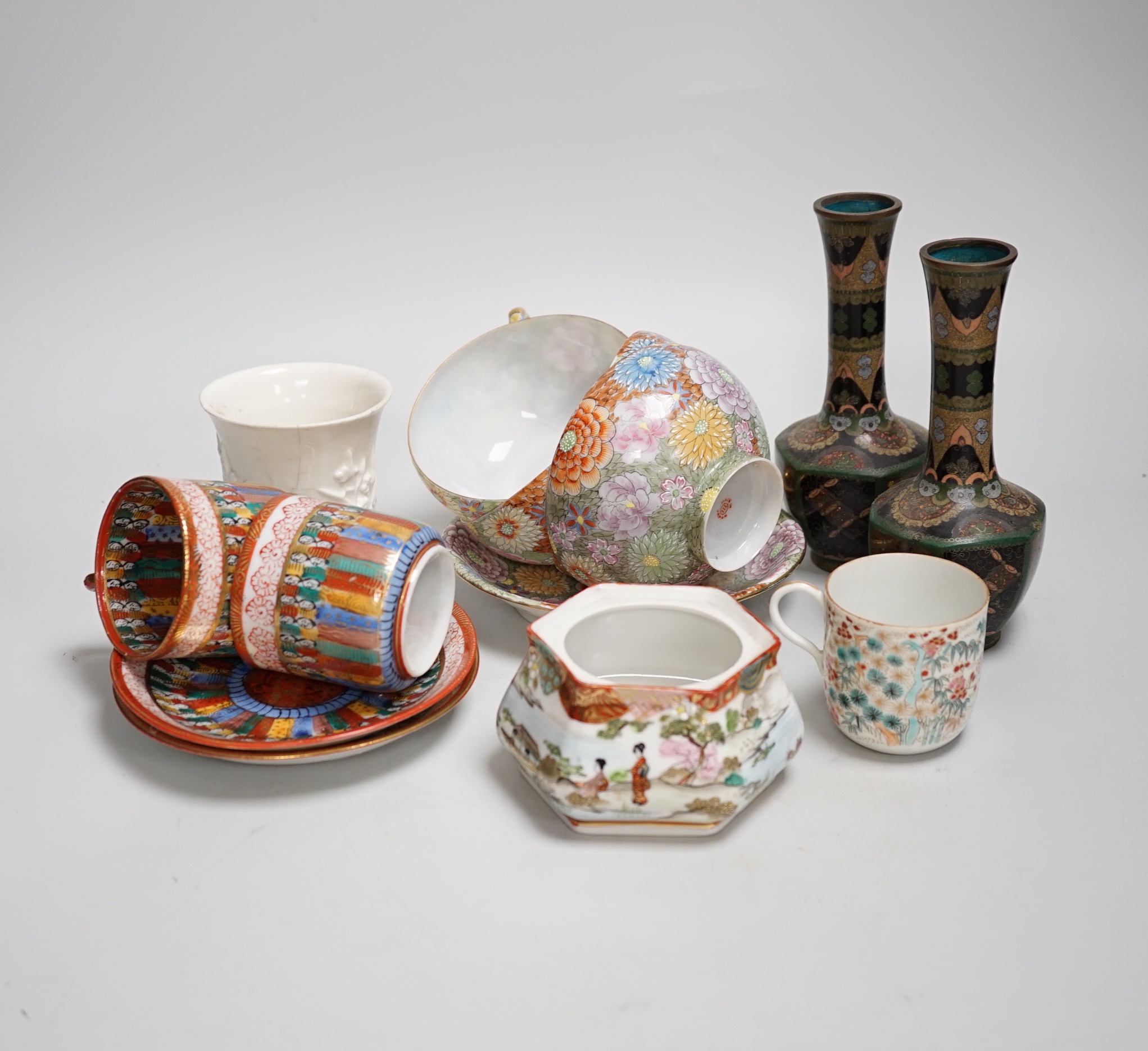 A group of various Japanese ceramics to include kutani and egg shell teawares, a Chinese crackle glaze jardiniere and another, a Chinese crackleware bowl and a blanc de chine cup